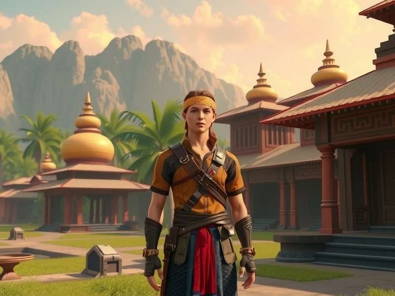 Archero Masters story cutscene showing the protagonist in a village setting with Indian architecture