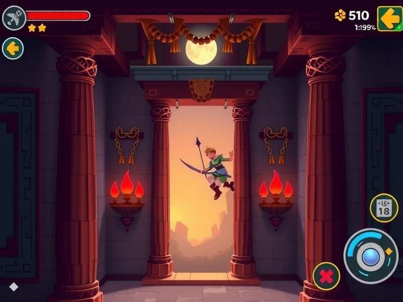 Archero Masters gameplay showing a player using pillar cover in a temple level